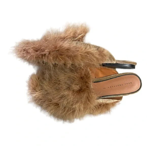 Zara Trafaluc Feathered Fuzzy Slip On Mules Size 40 - Picture 3 of 9